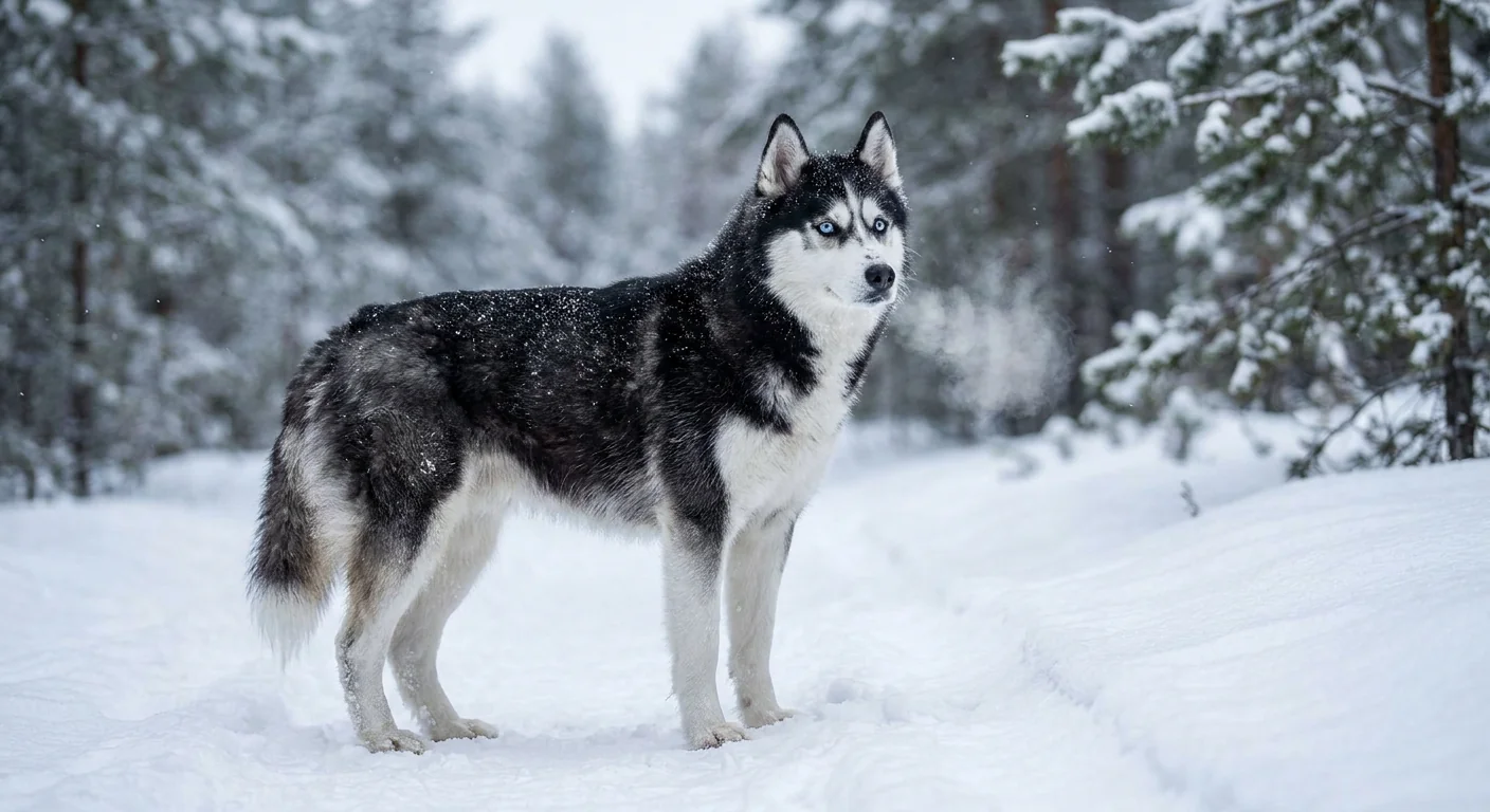 A black and white Siberian Husky with blue eyes standing in a snowy field.
