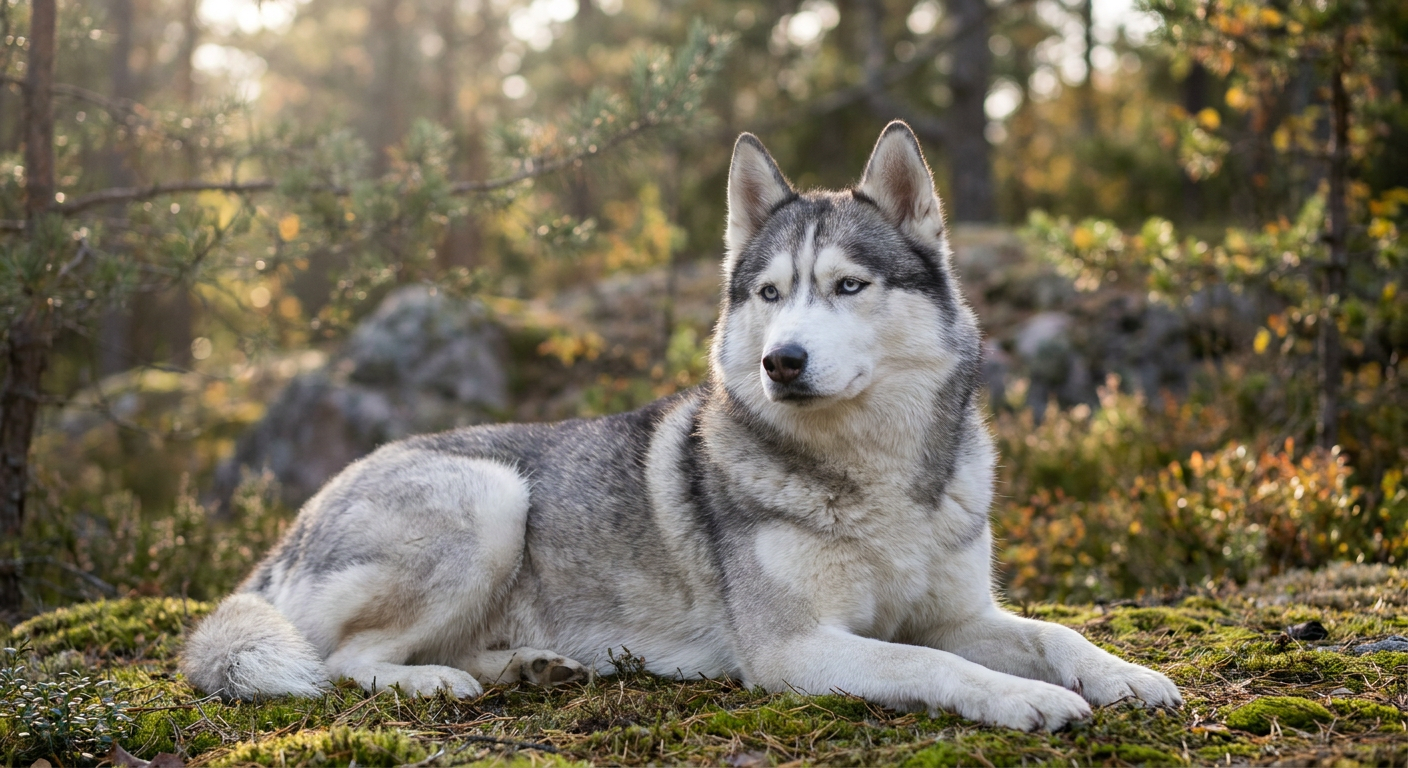 A black and white Siberian Husky with blue eyes standing in a snowy field.