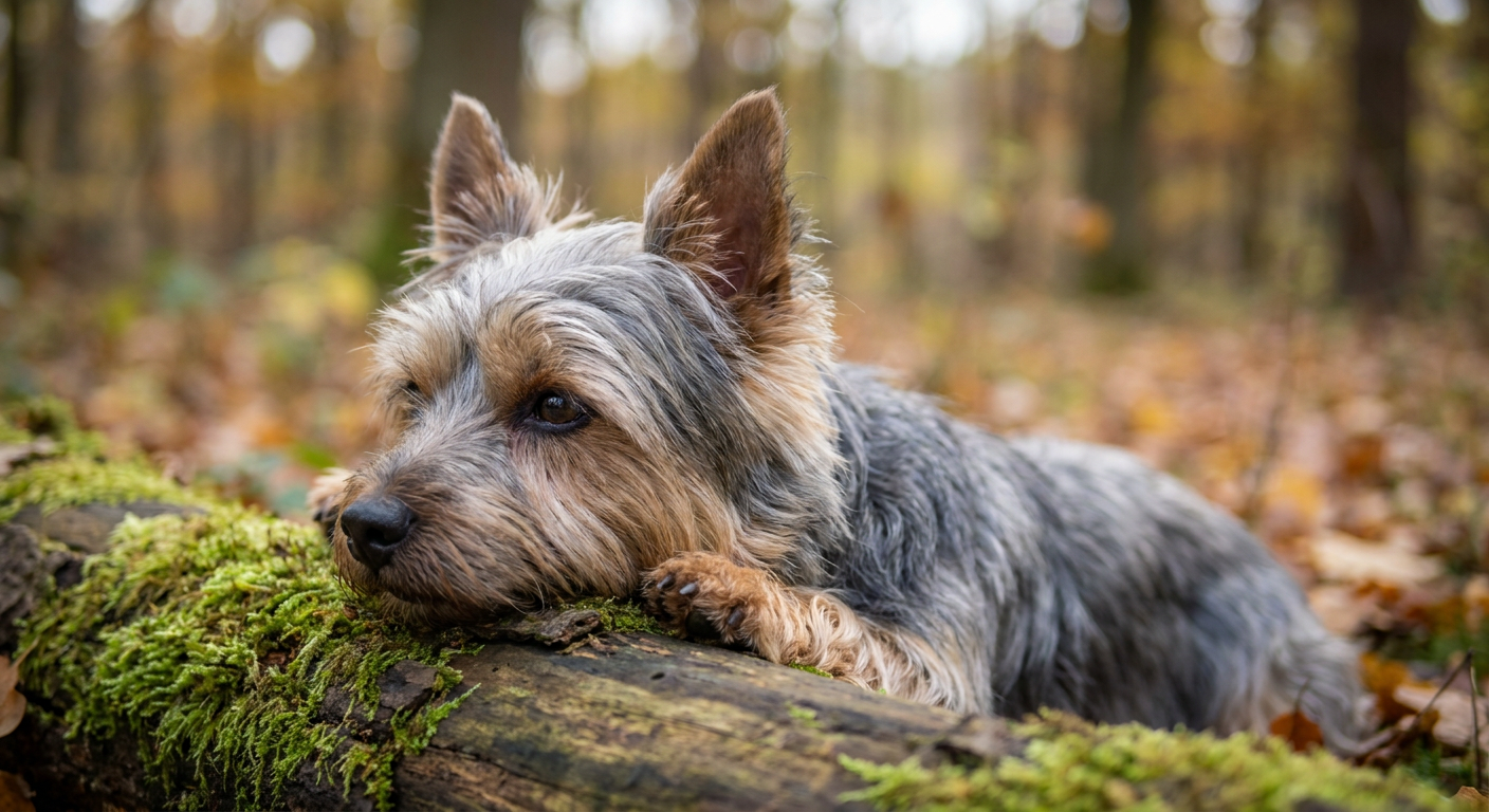 Small blue and tan Silky Terrier with long hair standing on a lawn.