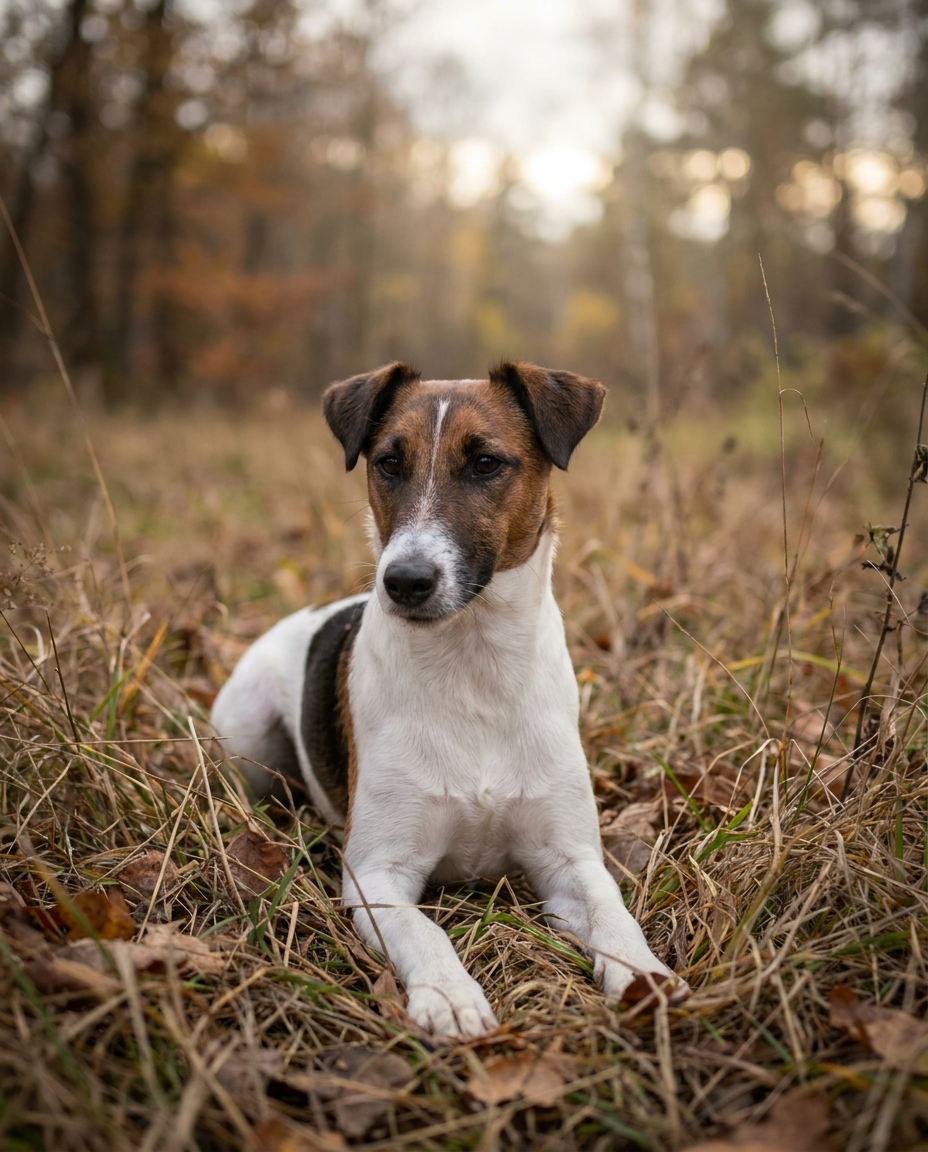 A Smooth Fox Terrier standing in a profile view, showing its white coat with black and tan markings and direct expression.