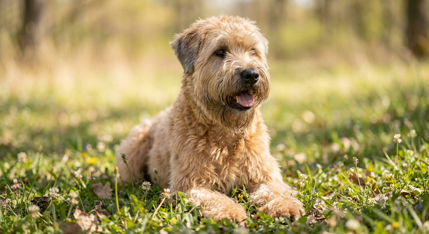 Soft-Coated Wheaten Terrier with silky wheaten coat on a green lawn at golden hour
