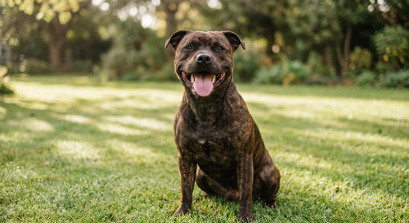A brindle Staffordshire Bull Terrier standing alert in a grassy field.