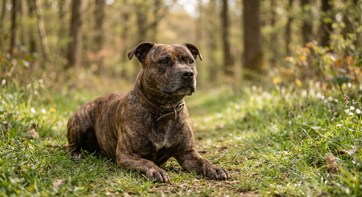 A brindle Staffordshire Bull Terrier standing alert in a grassy field.