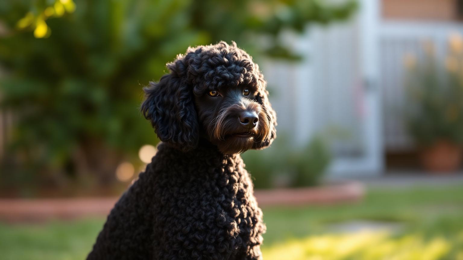 Black Standard Poodle sitting elegantly outdoors