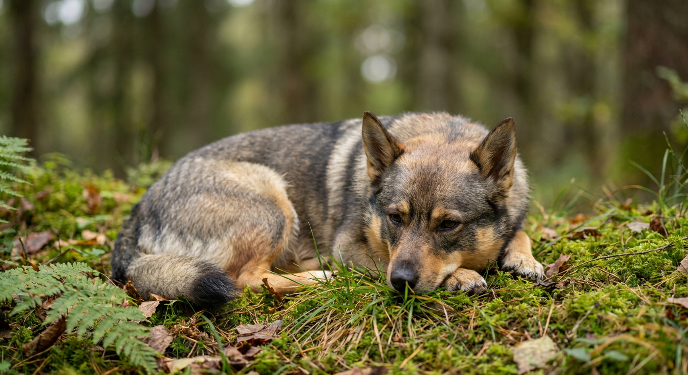 A small, powerful, sturdily built spitz-type dog with a gray sable coat and upright ears, standing in a grassy field.