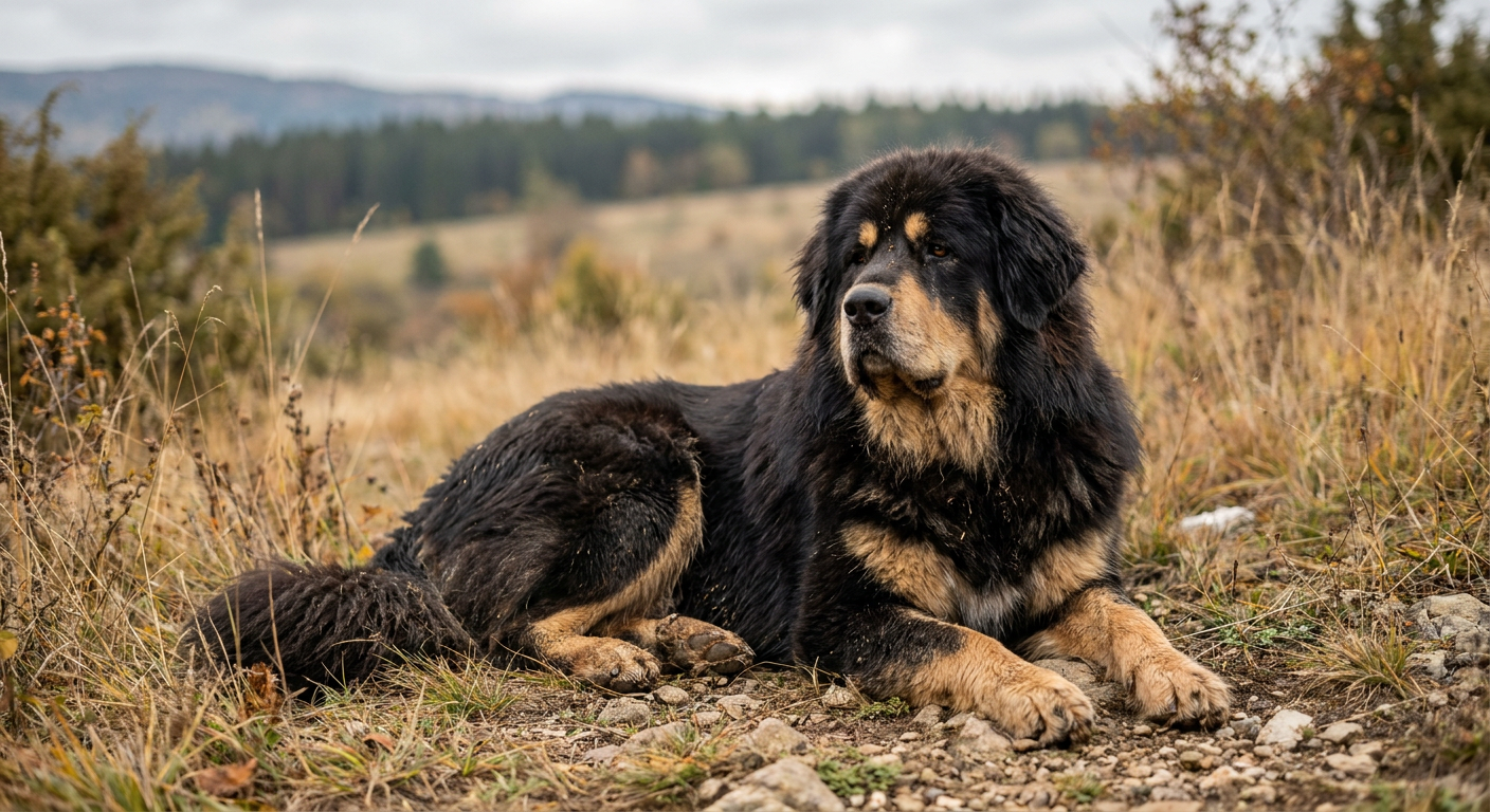 A large, powerful Tibetan Mastiff with a thick black and tan coat and a lion-like mane.