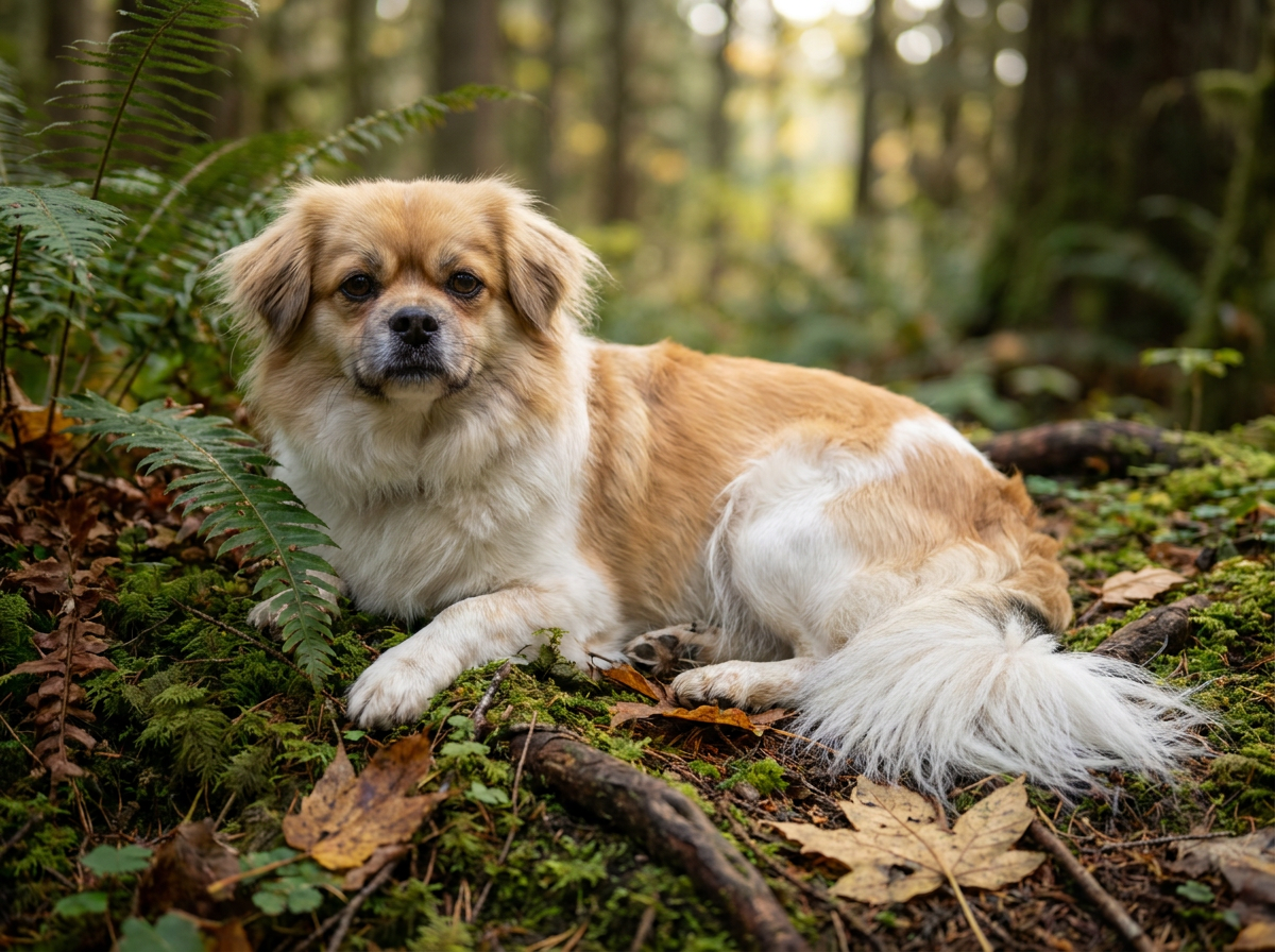 A small, lion-like dog with a silky coat, blunt muzzle, and a feathered tail curled over its back.