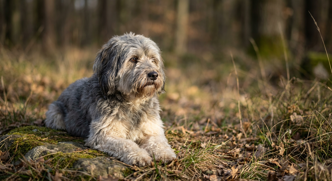 A medium-sized dog with a profuse, long, dark coat and a high-set tail curled over its back.