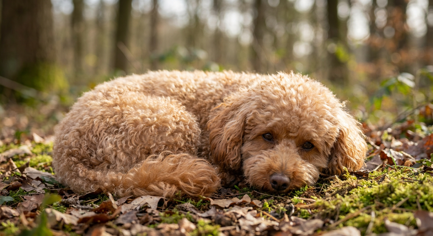 Apricot Toy Poodle with curly coat on an ivory tufted chair in soft window light