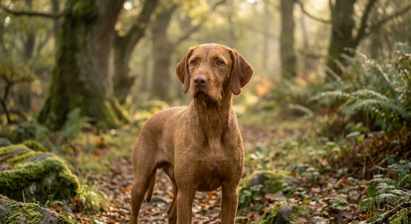 A golden-rust colored Vizsla standing alert in a grassy field.
