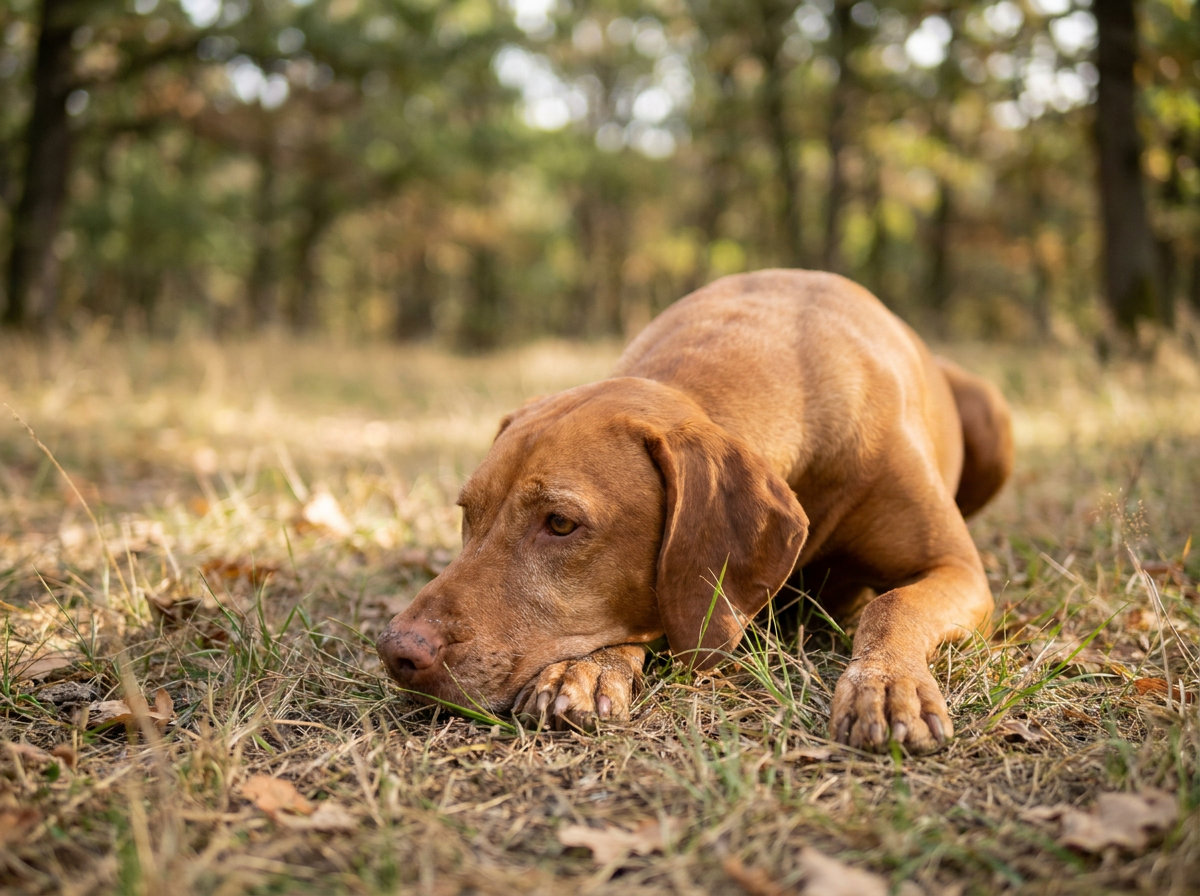 A golden-rust colored Vizsla standing alert in a grassy field.