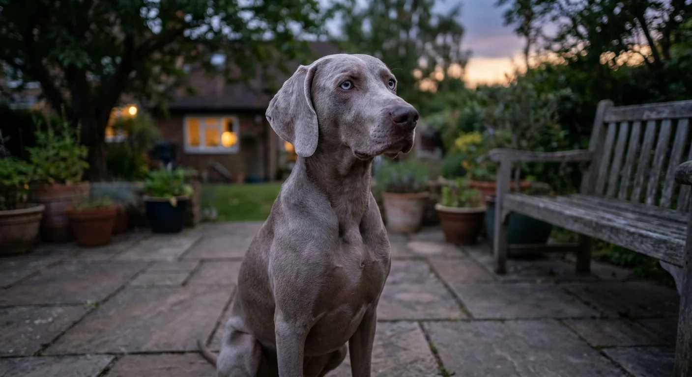 A sleek, silver-gray Weimaraner standing alert in a grassy field.