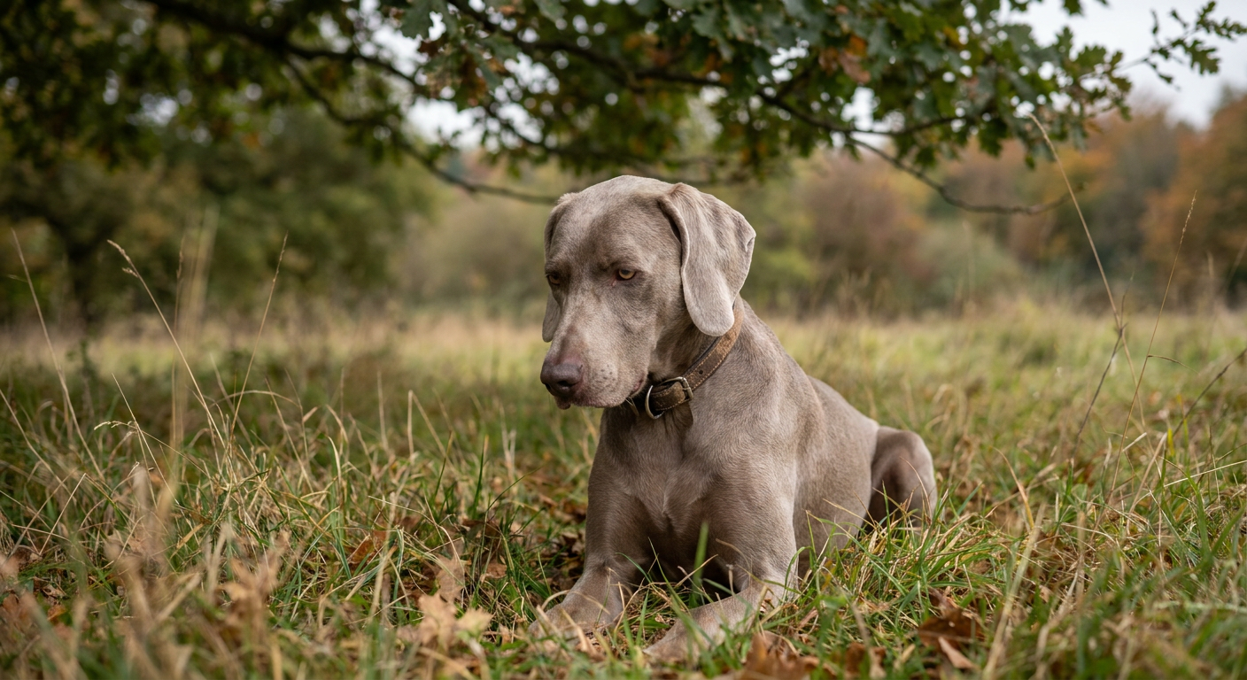 A sleek, silver-gray Weimaraner standing alert in a grassy field.