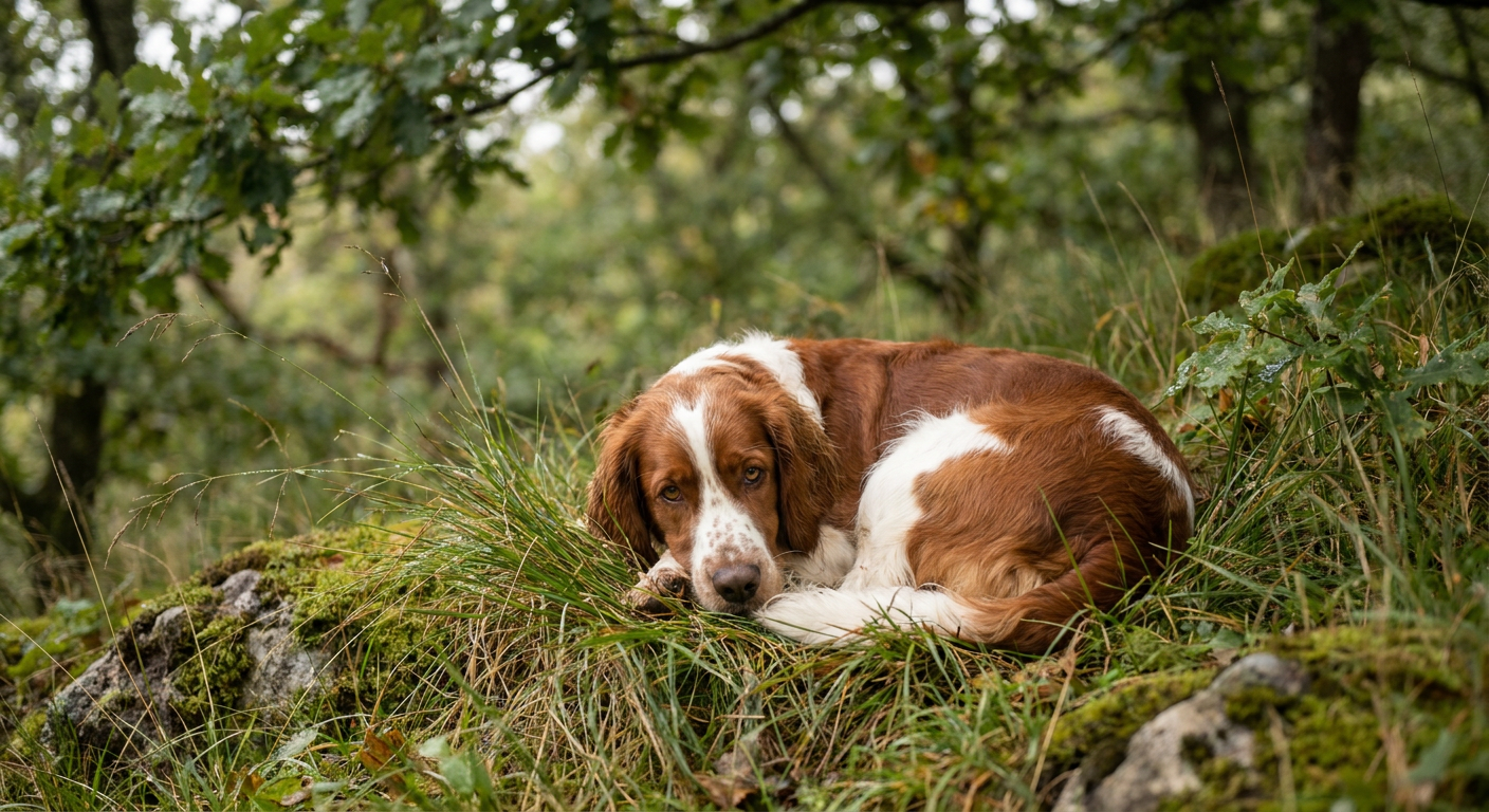 A red and white Welsh Springer Spaniel standing in a field looking alert.
