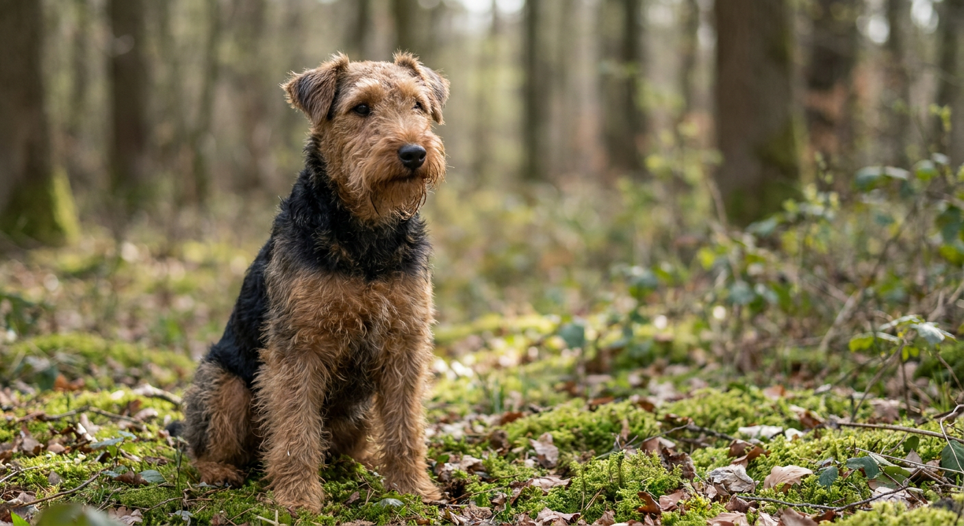 A tan and black Welsh Terrier standing in a garden, showing its characteristic wiry coat and rectangular head shape.
