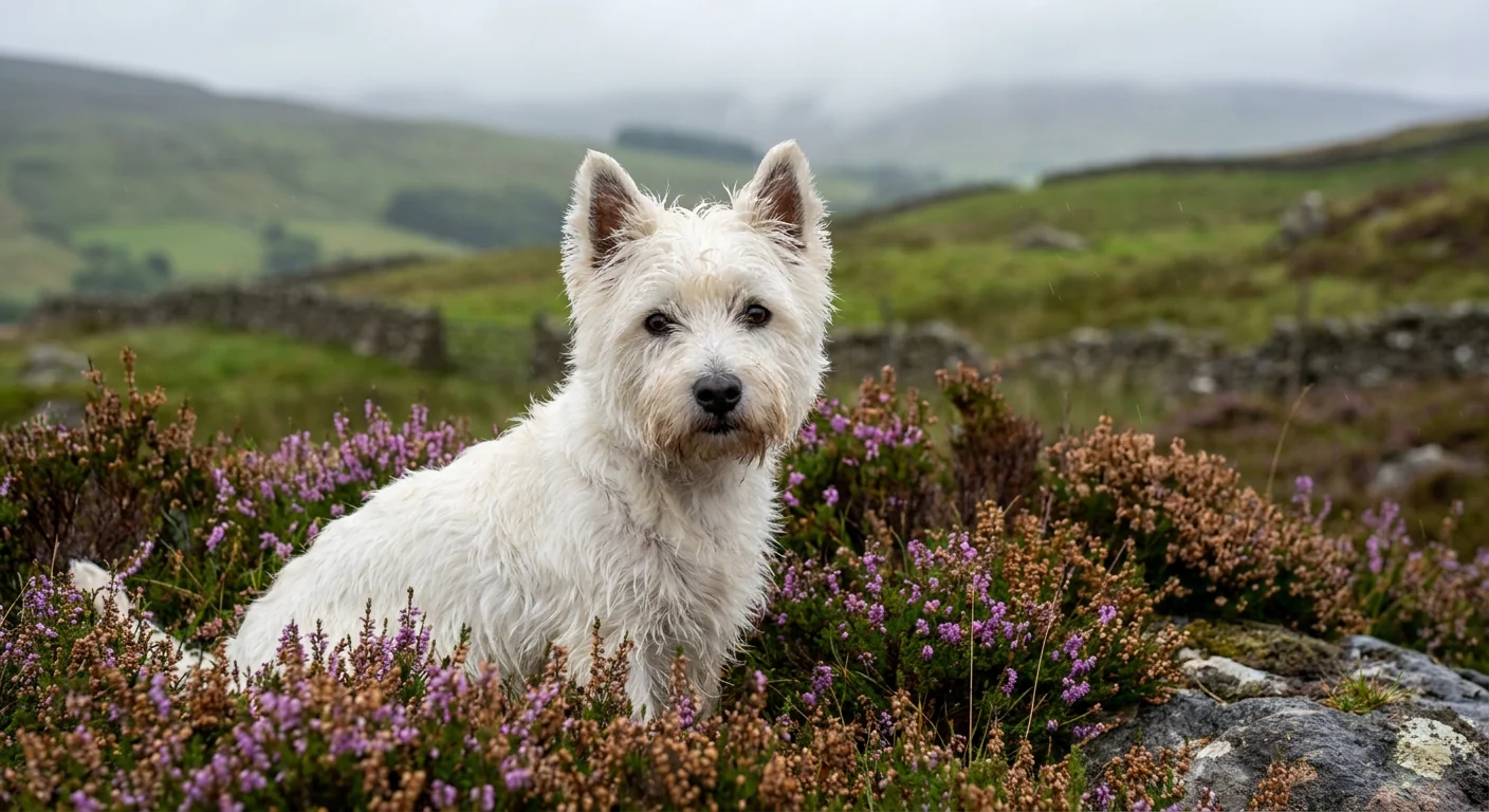 A white West Highland White Terrier with a curious expression, standing in a grassy field.