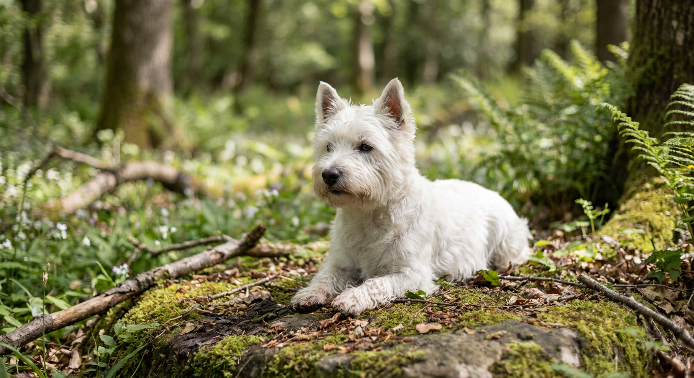 A white West Highland White Terrier with a curious expression, standing in a grassy field.
