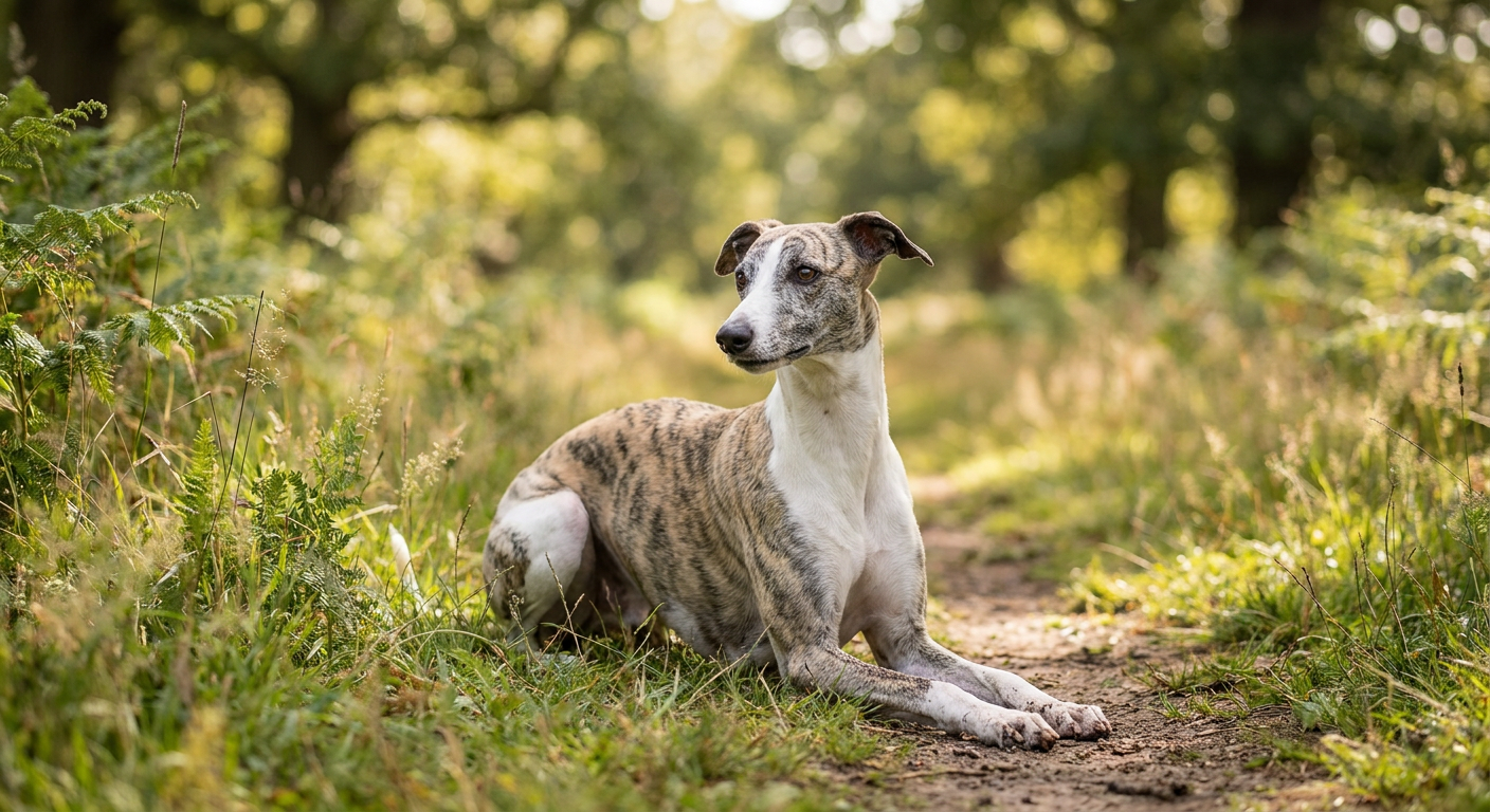 A brindle Whippet standing alert in a grassy field.