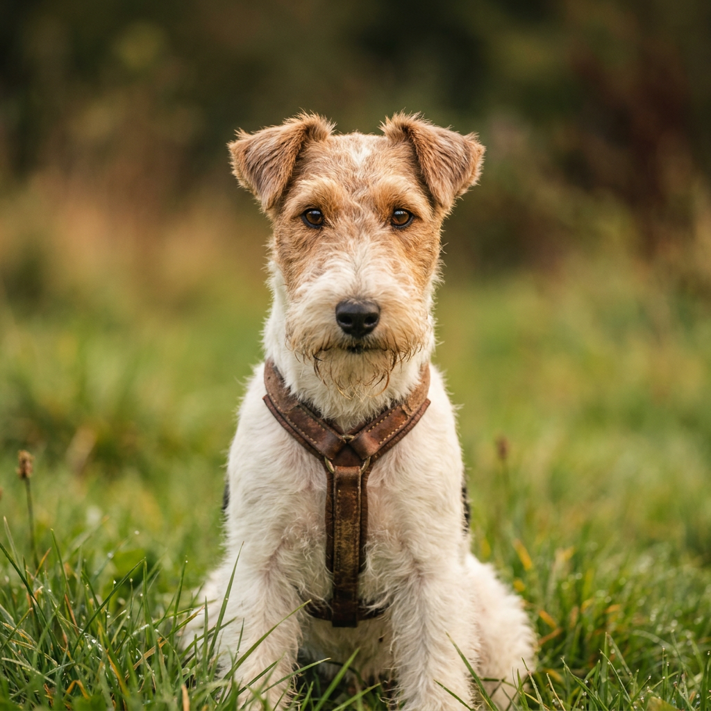 Wire Fox Terrier with crisp white coat and black-and-tan markings on a stone garden path