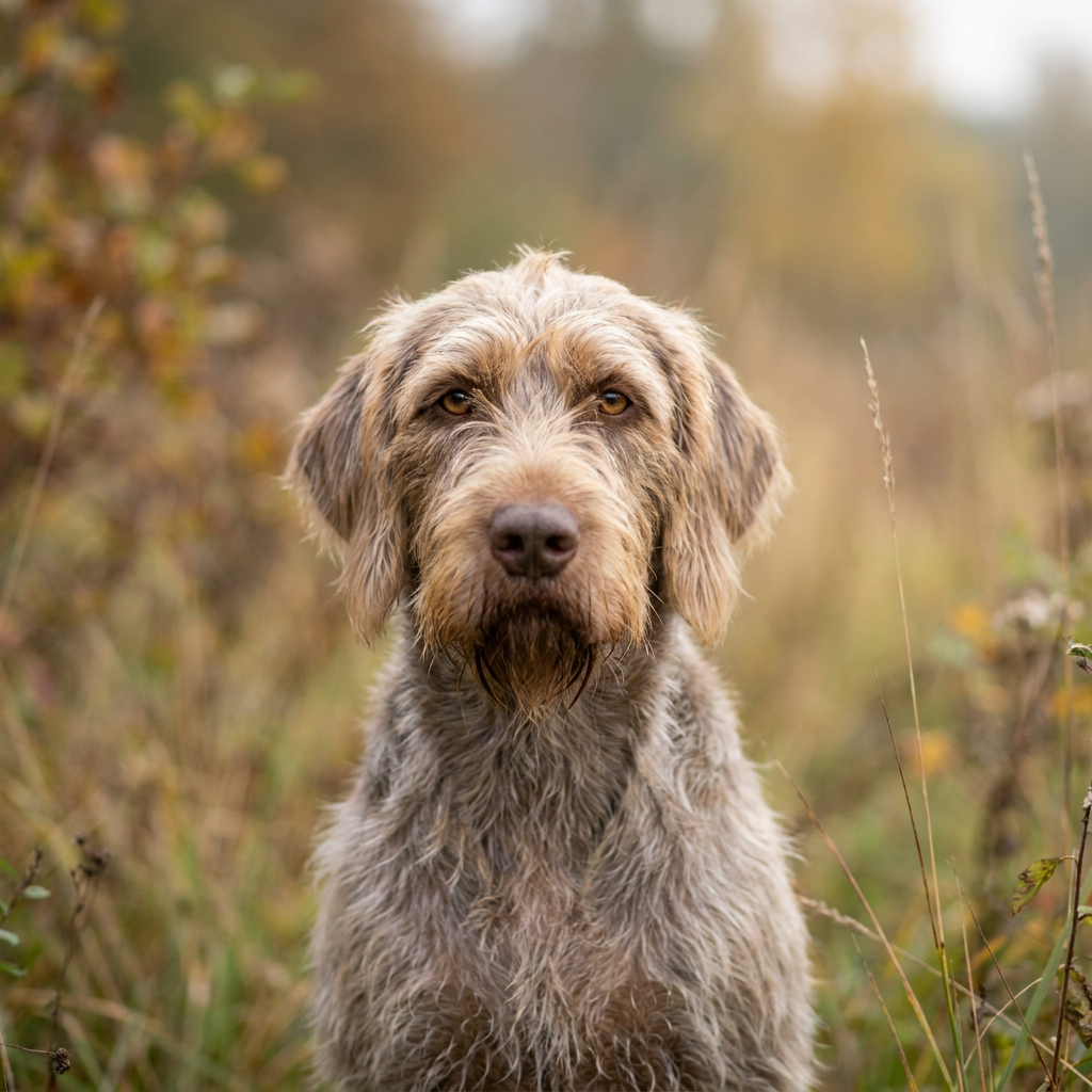 A medium-sized Wirehaired Pointing Griffon standing in a field showing its wiry steel-gray coat with liver markings and facial beard.