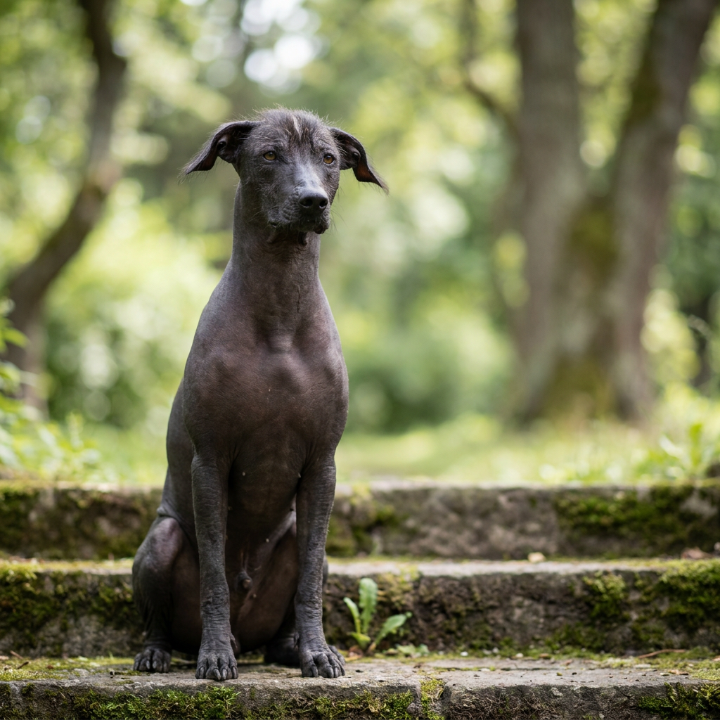 A hairless Xoloitzcuintli standing in a garden, displaying its lean, athletic build and characteristic smooth skin.