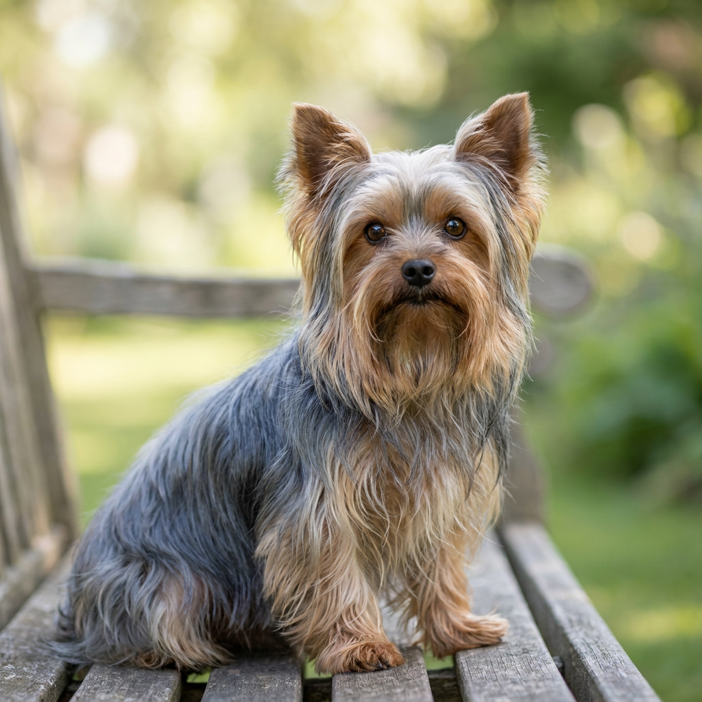 Yorkshire Terrier with a long silky coat sitting on a cushion in bright light