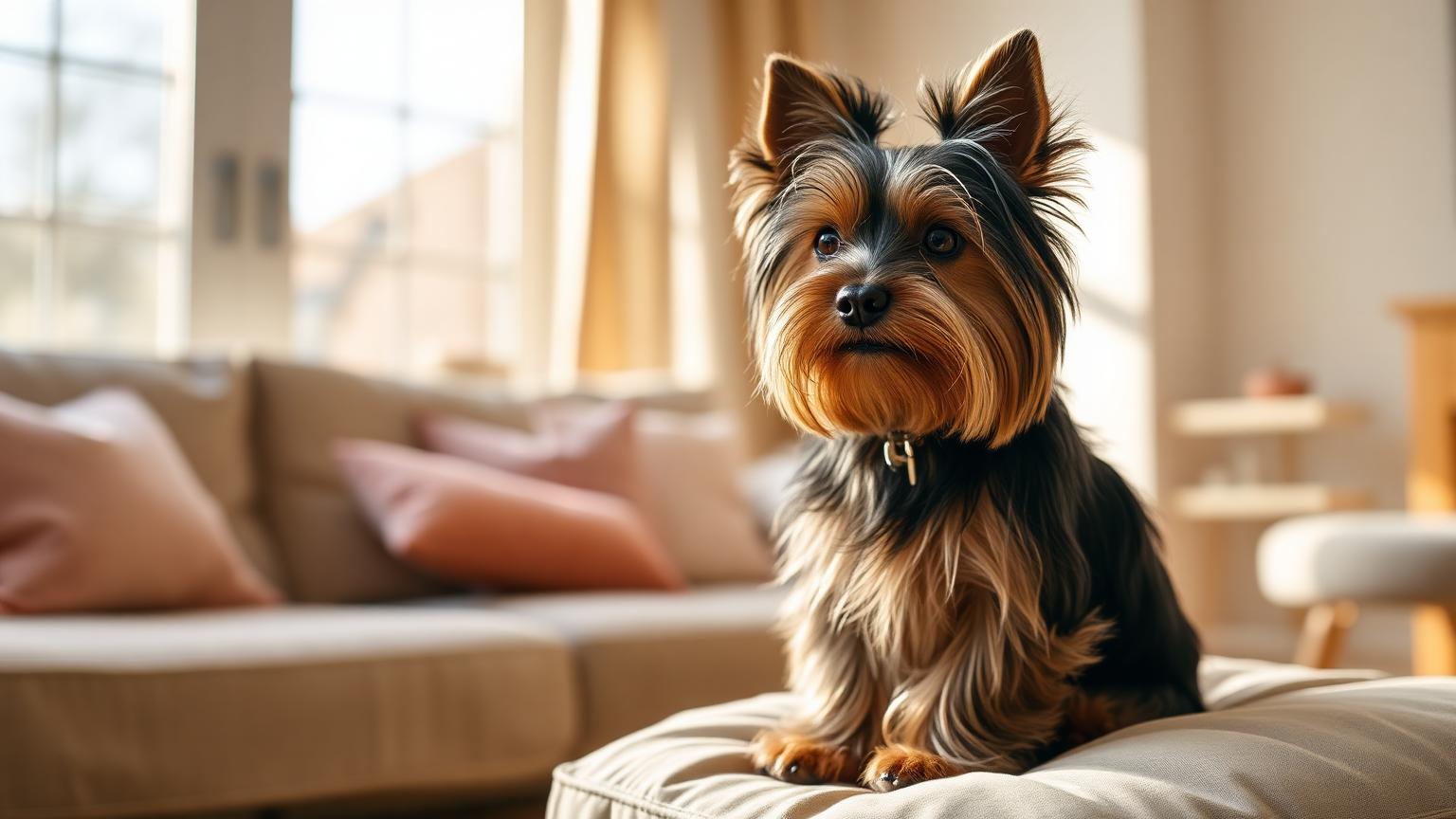 Yorkshire Terrier with a long silky coat sitting on a cushion in bright light