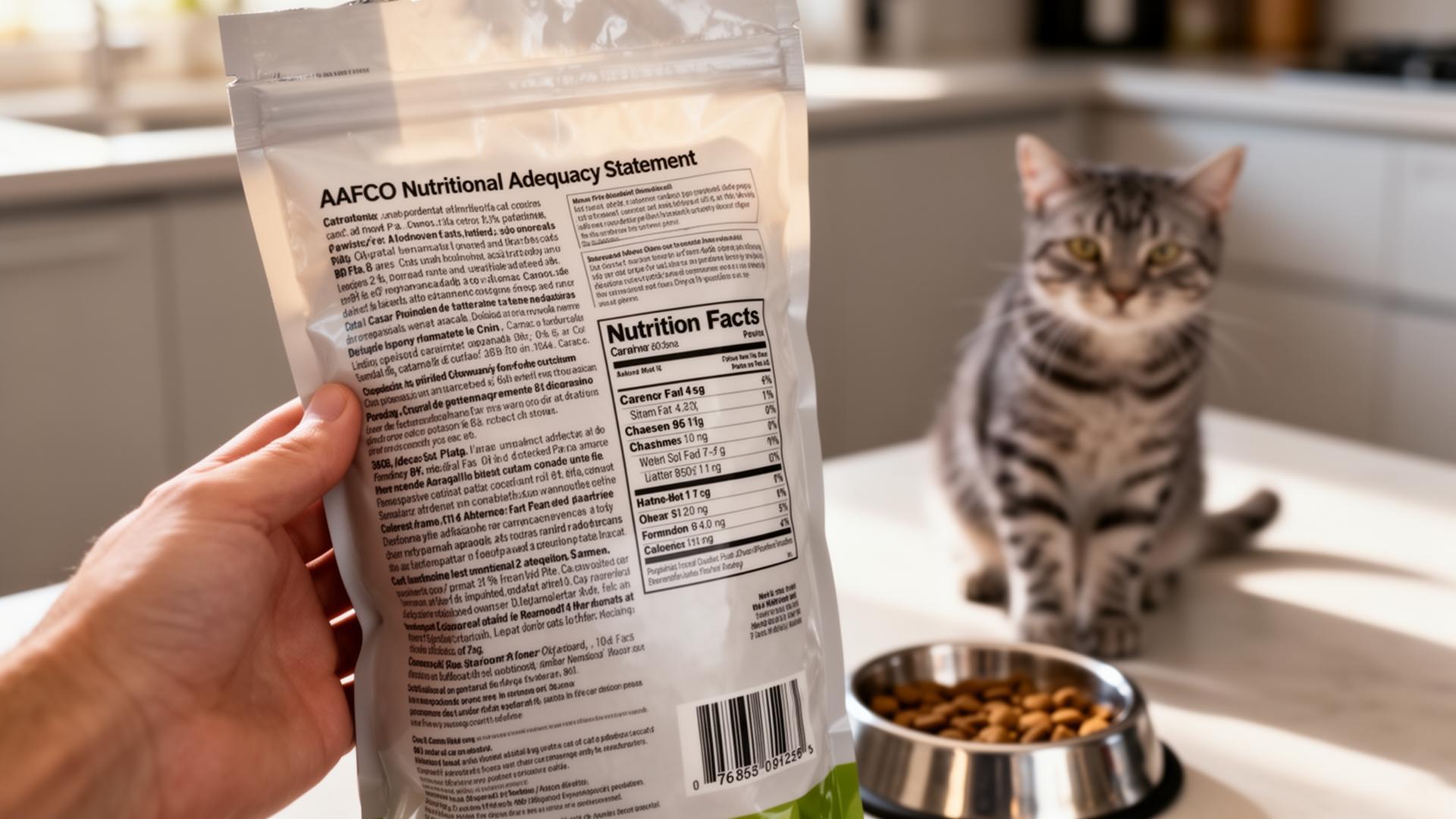 Owner reading the AAFCO nutritional adequacy statement on a cat food bag