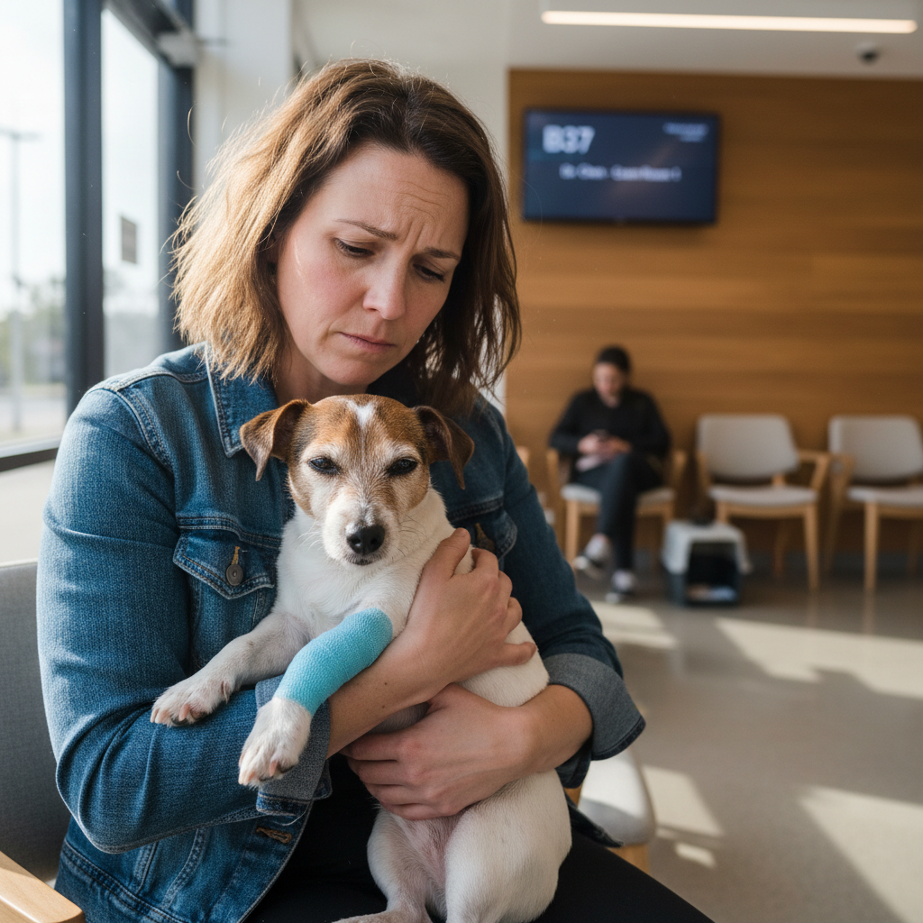 Pet owner in a veterinary emergency room with an injured dog