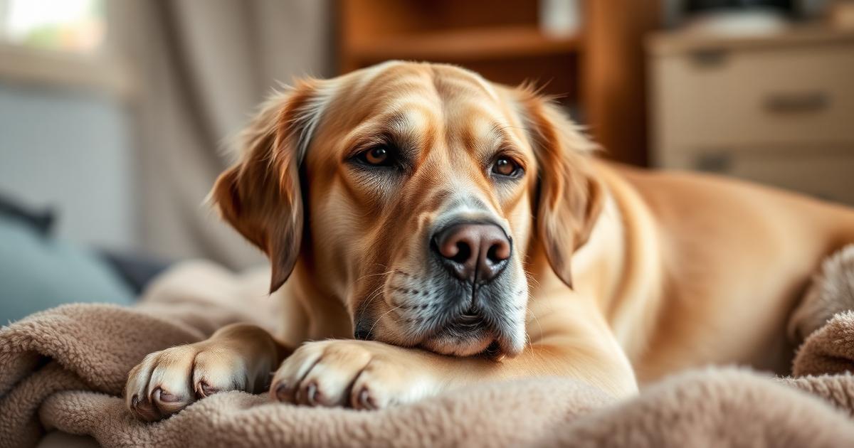 Senior golden retriever resting on a blanket showing signs of aging