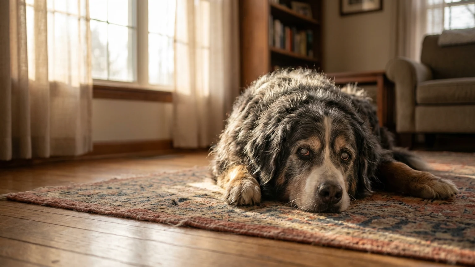 Senior dog resting on blanket showing signs of aging