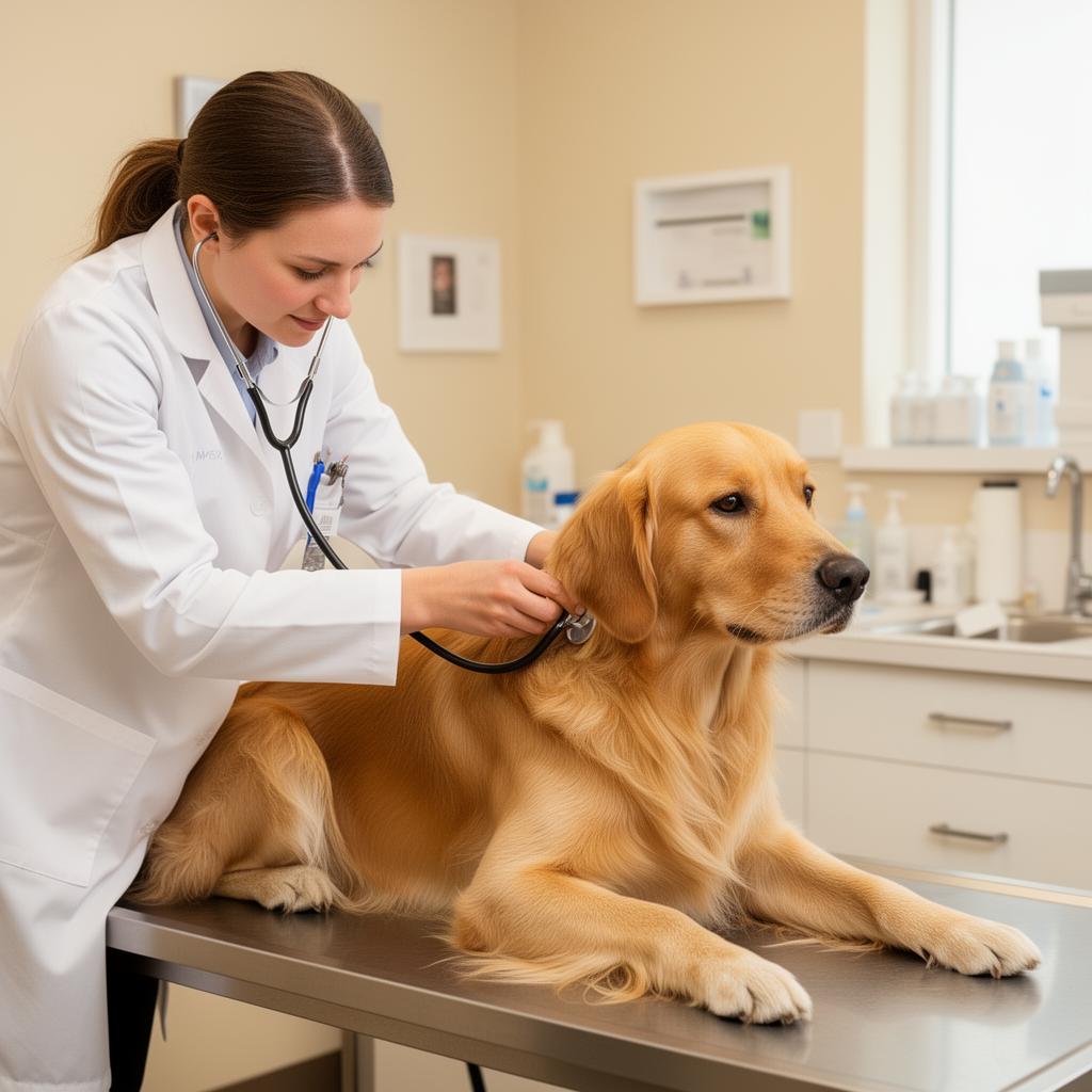 Veterinarian performing an annual wellness exam on a golden retriever