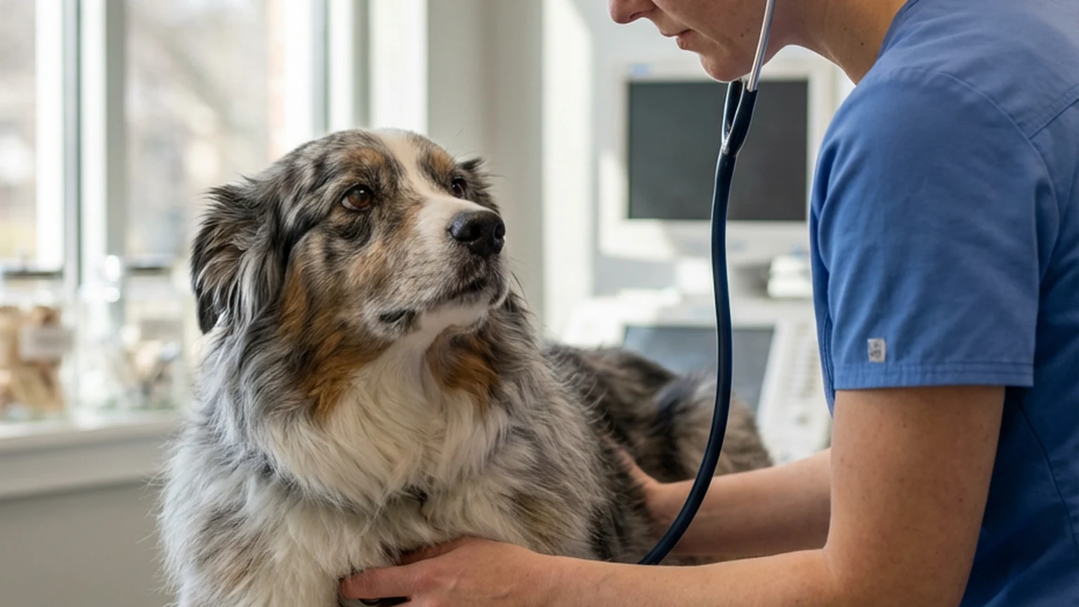 Veterinarian performing an annual wellness exam on a golden retriever