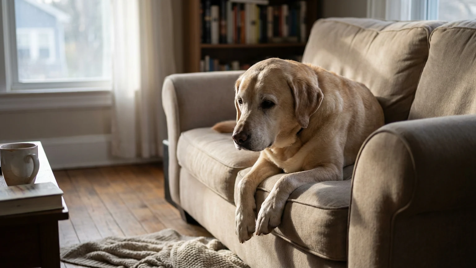 Senior chocolate labrador resting on an orthopedic bed with gentle tired eyes