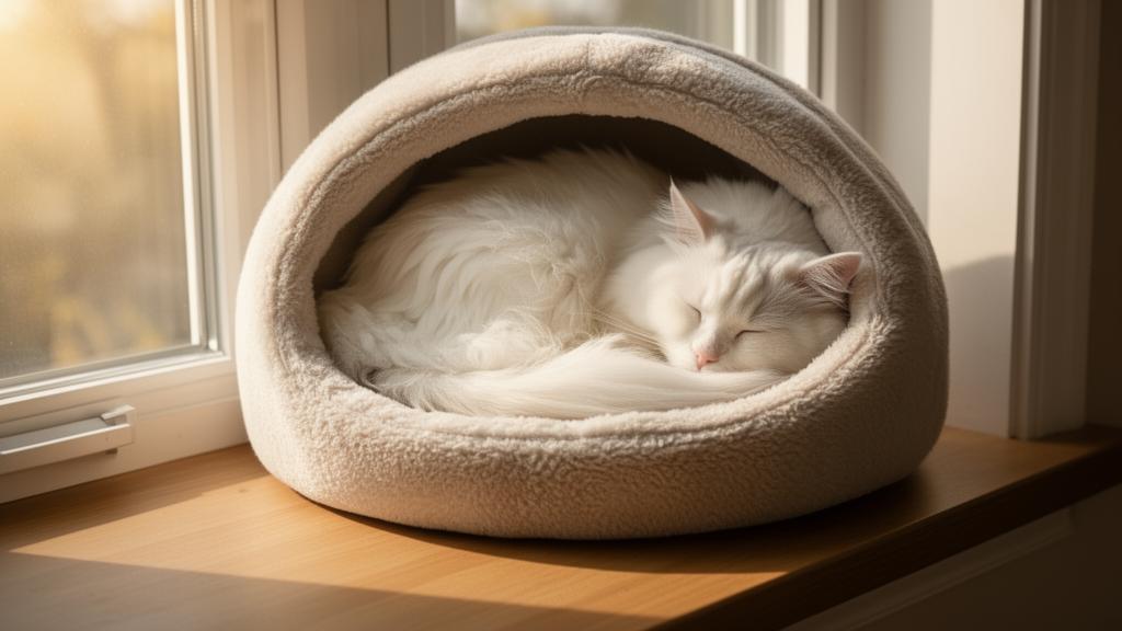 Cat sleeping in a cozy cave-style cat bed on a window perch