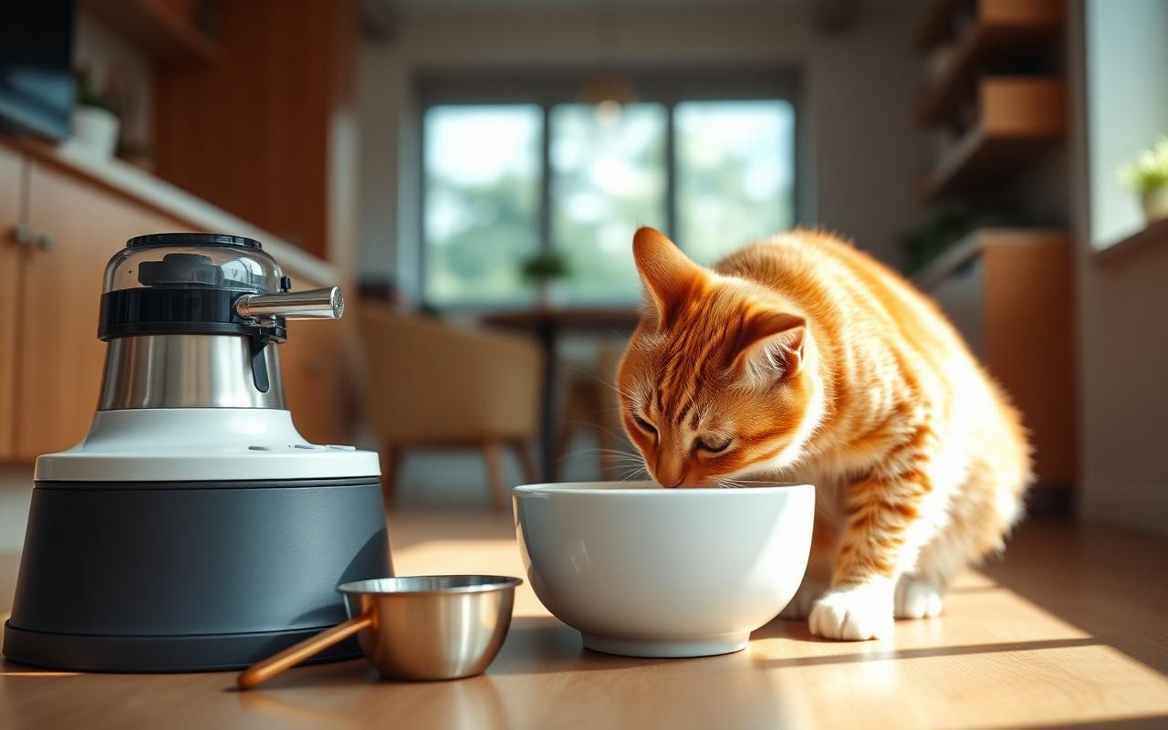 Orange tabby indoor cat eating from a portion-controlled bowl beside a water fountain