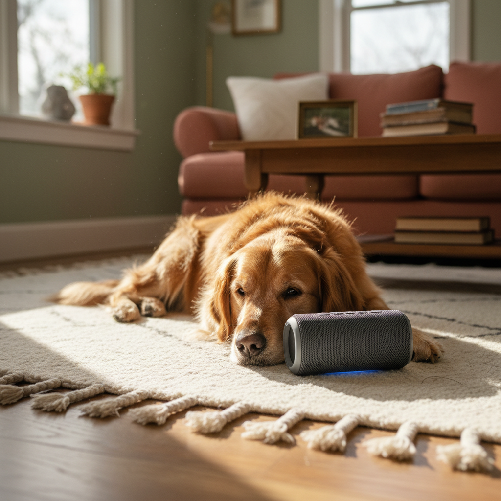 Relaxed grey cat lying next to a speaker in a calm dimly lit living room