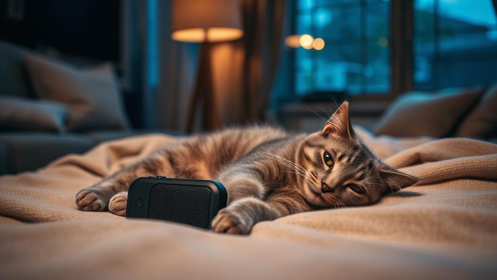 Relaxed grey cat lying next to a speaker in a calm dimly lit living room