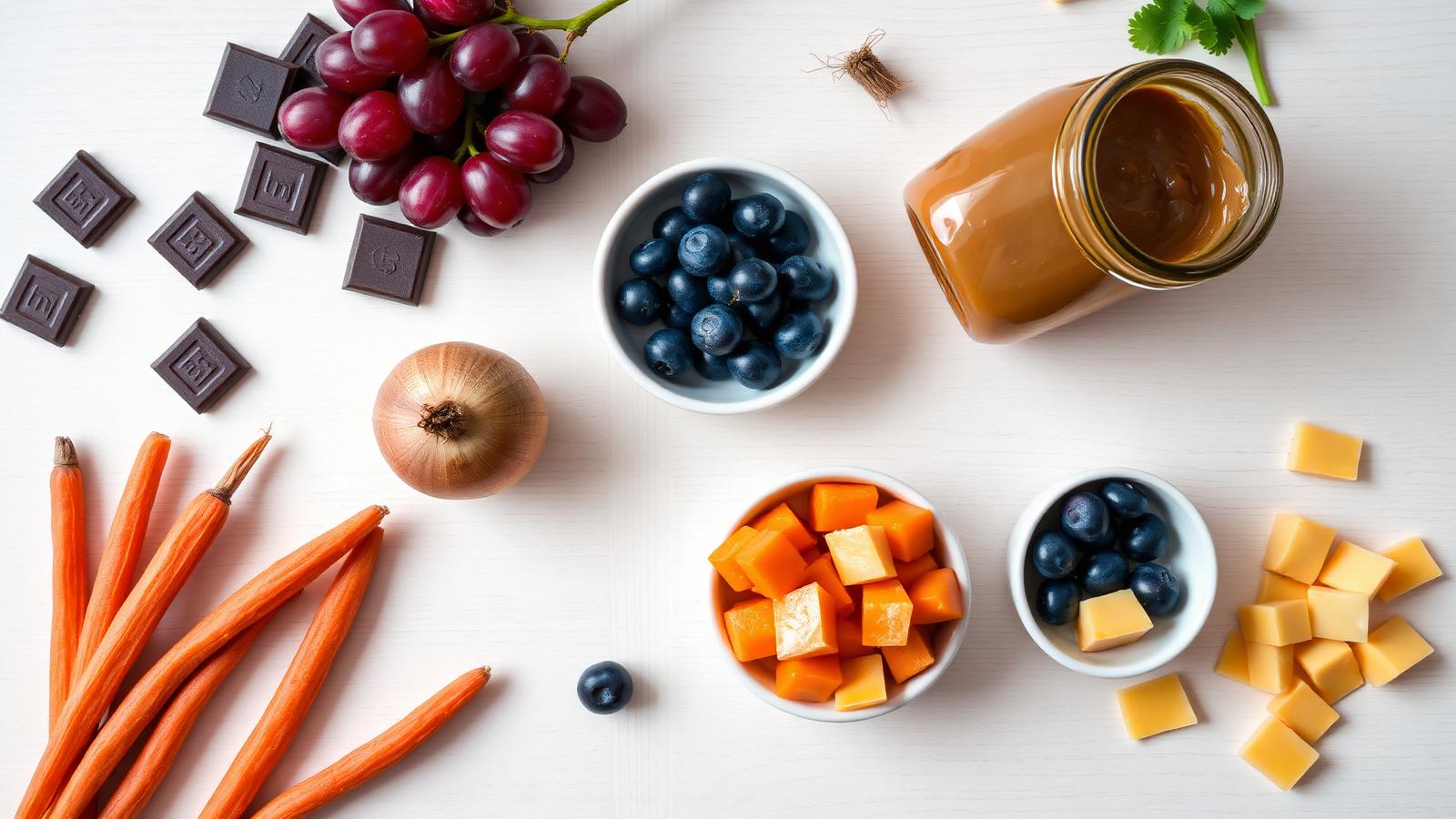 Overhead flat-lay of dog-safe and dog-toxic foods including chocolate, grapes, onion, peanut butter, blueberries, carrots and cheese on a wood surface