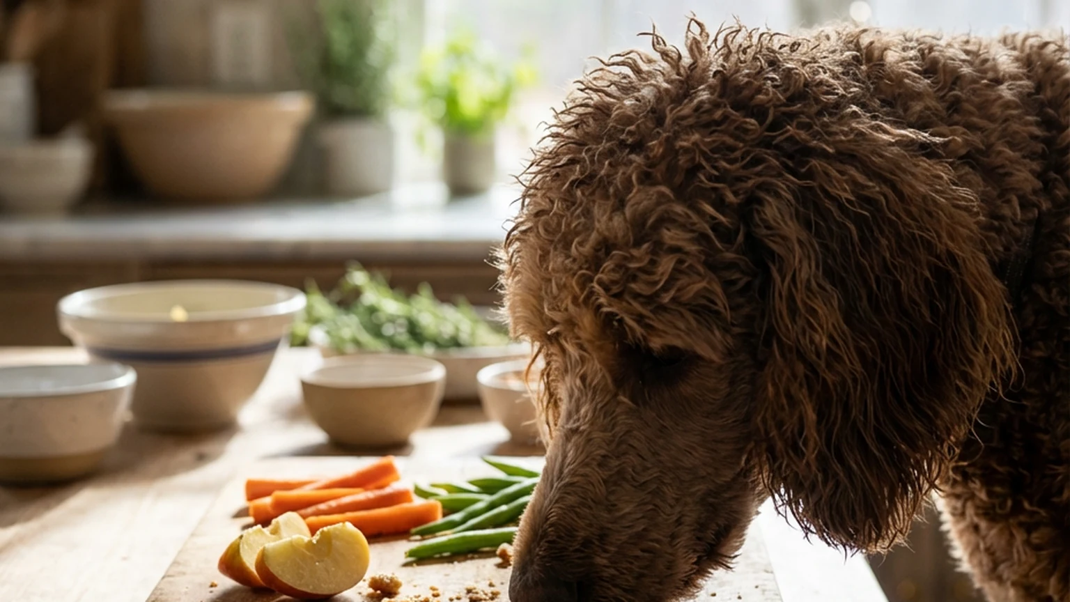 Overhead flat-lay of dog-safe and dog-toxic foods including chocolate, grapes, onion, peanut butter, blueberries, carrots and cheese on a wood surface