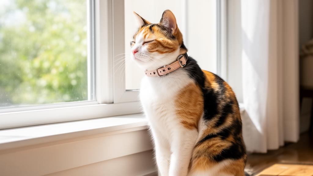 Cat wearing a flea prevention collar while sitting near a window