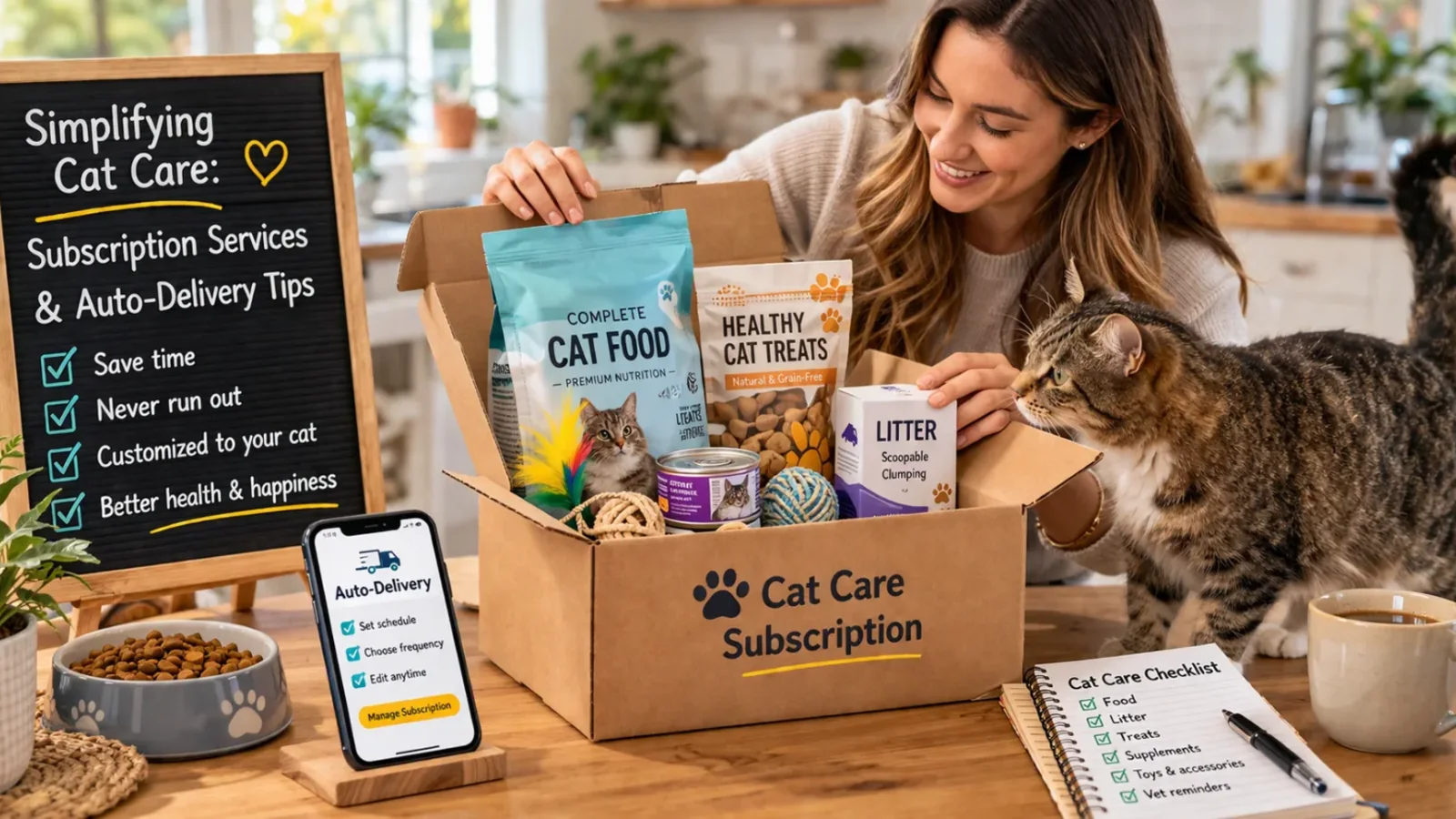Cat owner unboxing a Cat Care Subscription auto-delivery box of cat food, treats, and litter on a kitchen table while her tabby cat sniffs the contents