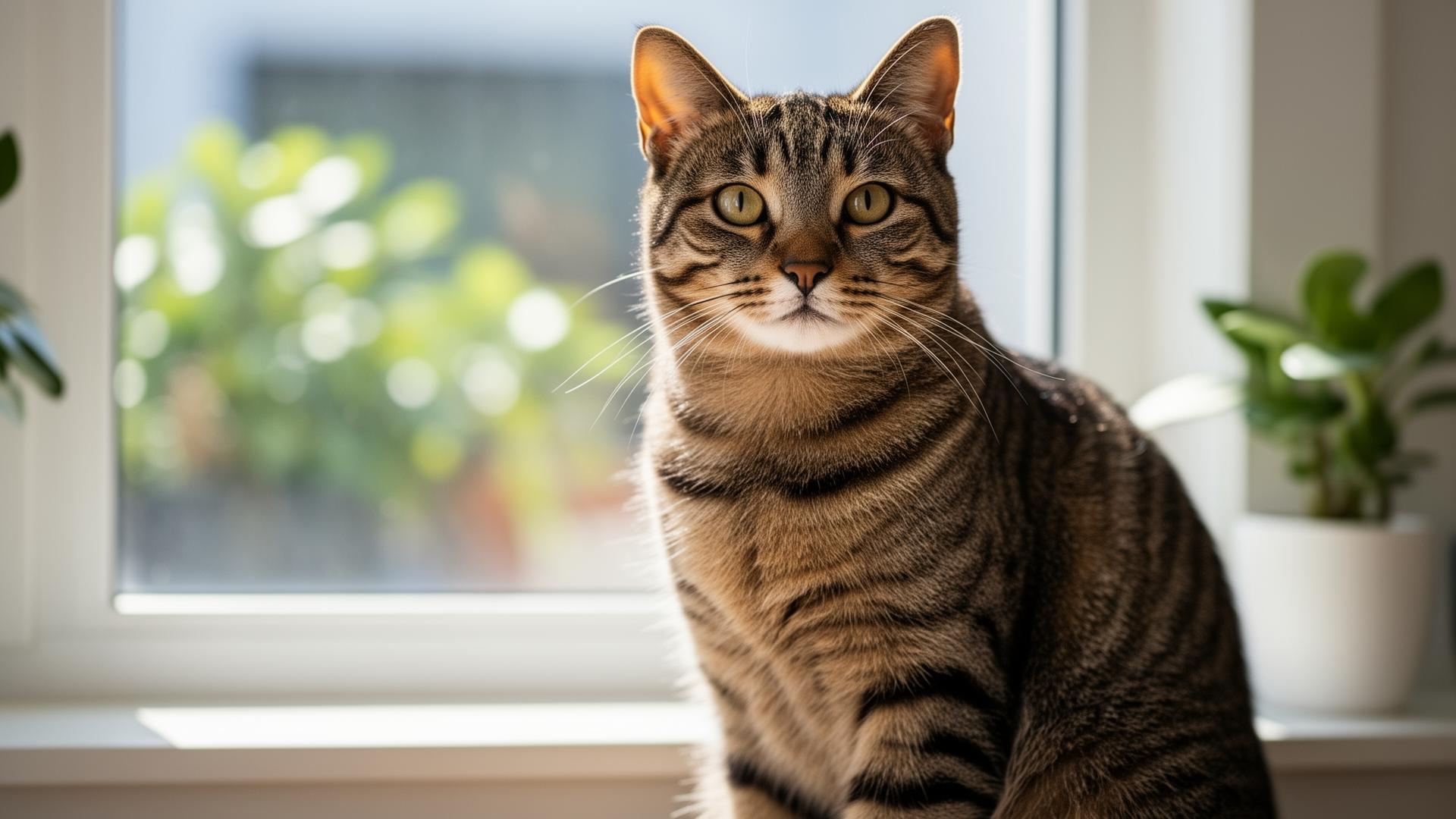 Tabby cat resting in sunlight beside cat care guidebooks