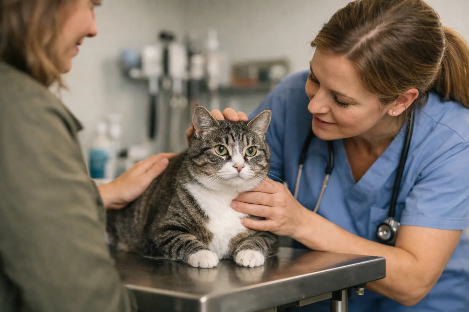 Veterinarian in blue scrubs gently examining a tabby and white cat on an exam table while the owner reassures the cat during a wellness checkup