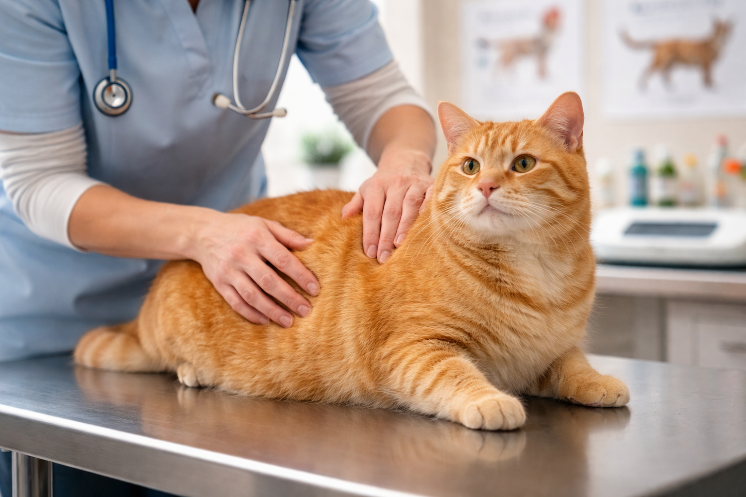 Veterinarian weighing an overweight orange tabby cat on a scale
