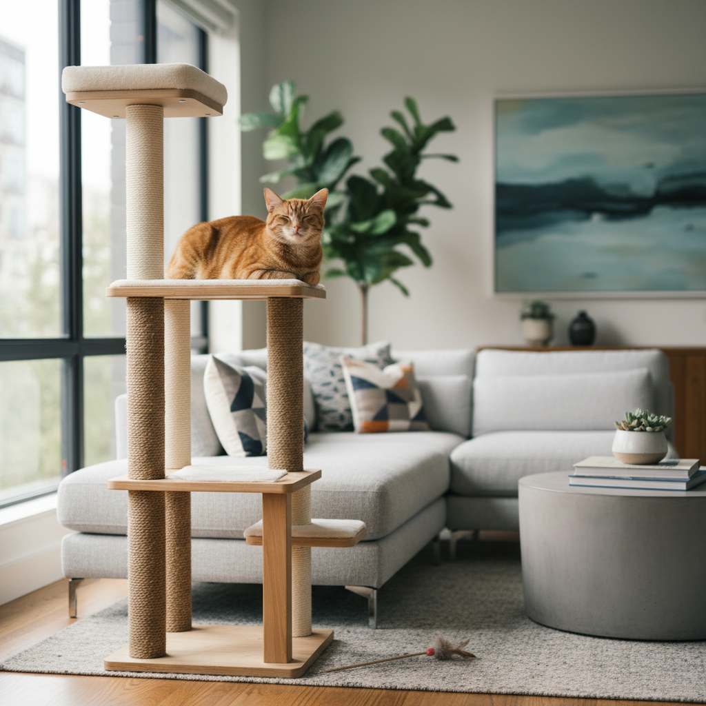 Tabby cat perched on a wall-mounted shelf in a modern living room