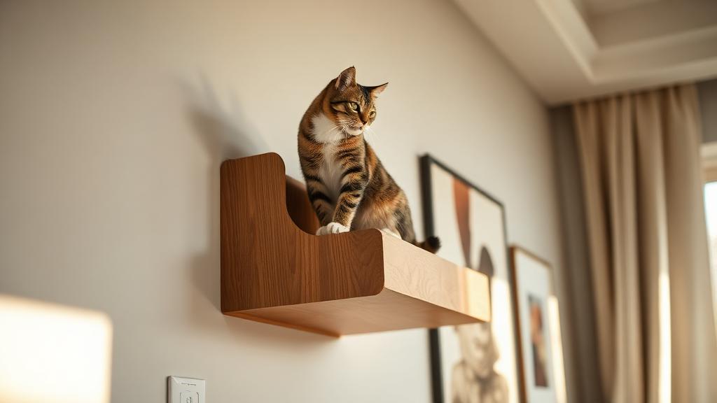Tabby cat perched on a wall-mounted shelf in a modern living room