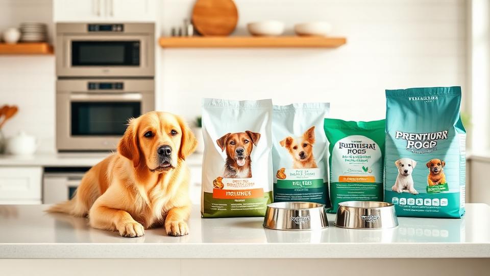 Premium dog food bags arranged on a kitchen counter with a golden retriever