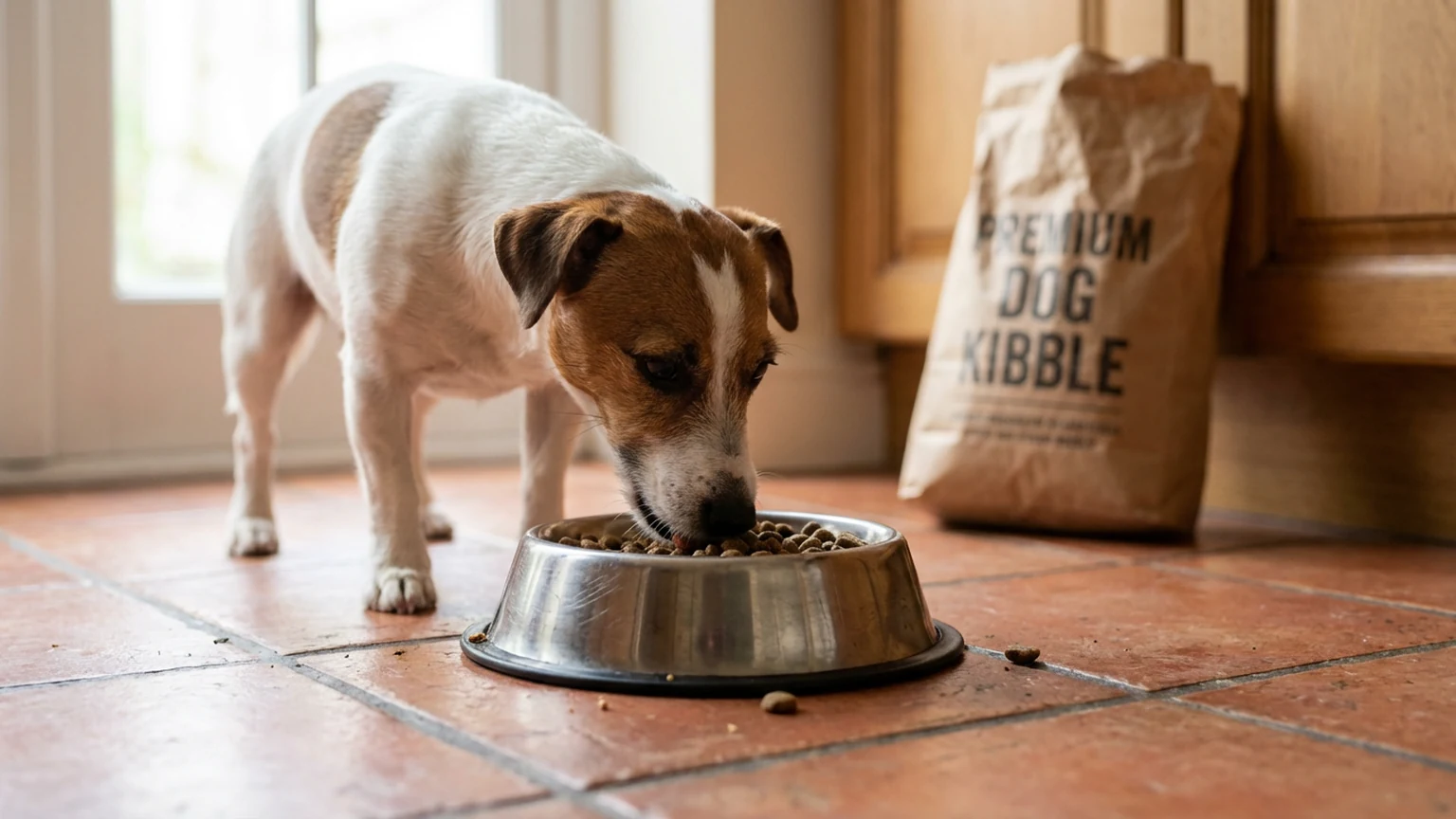 Premium dog food bags arranged on a kitchen counter with a golden retriever