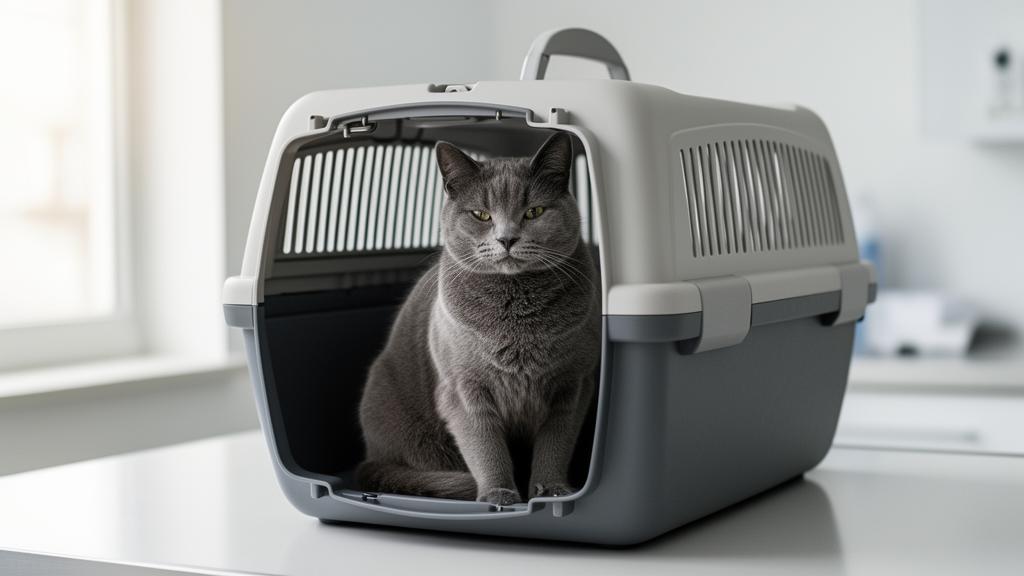 Cat sitting calmly inside a modern hard-sided carrier with mesh ventilation